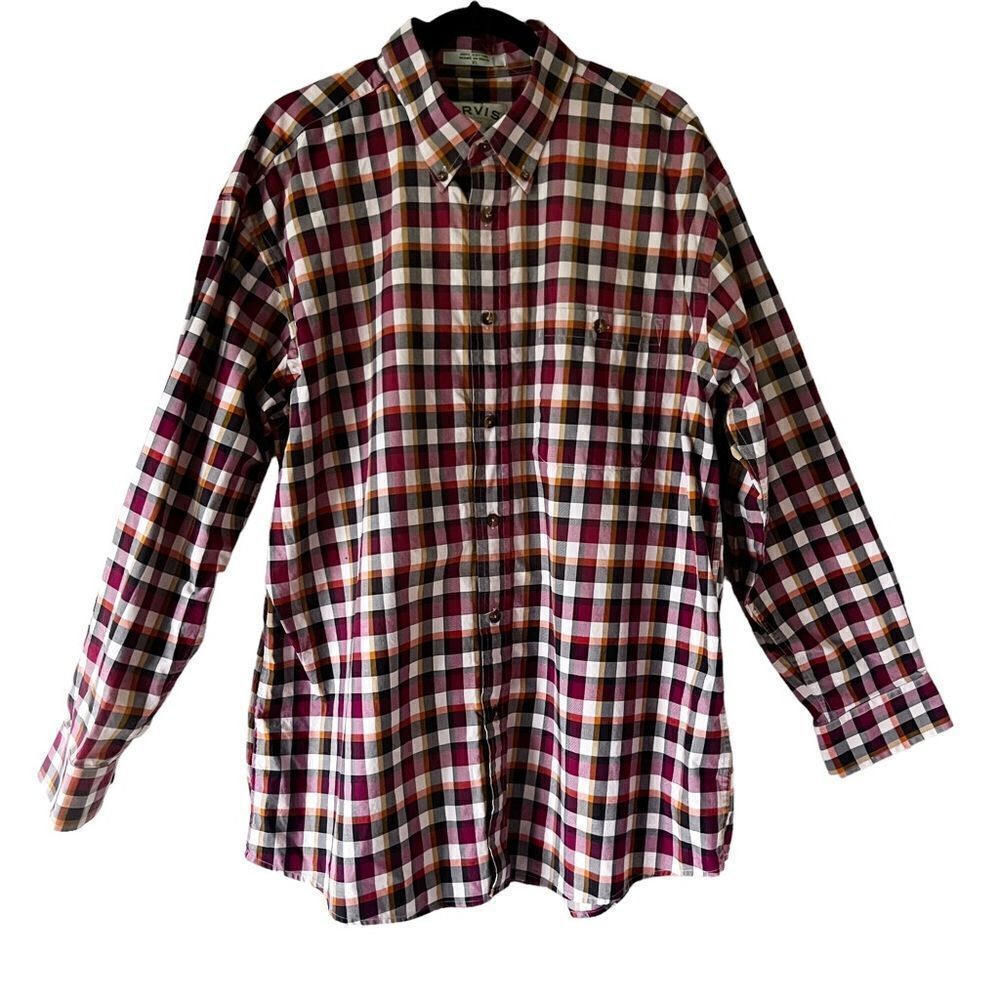 ORVIS Men's Red Plaid Long Sleeve‎ Twill Cotton Button Down Casual Shirt